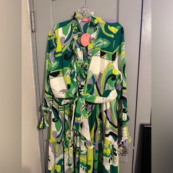 Lilys Kloset Vibrant Ruffles Wide Leg Pants Set (Green Multi) - Picture 6 of 6